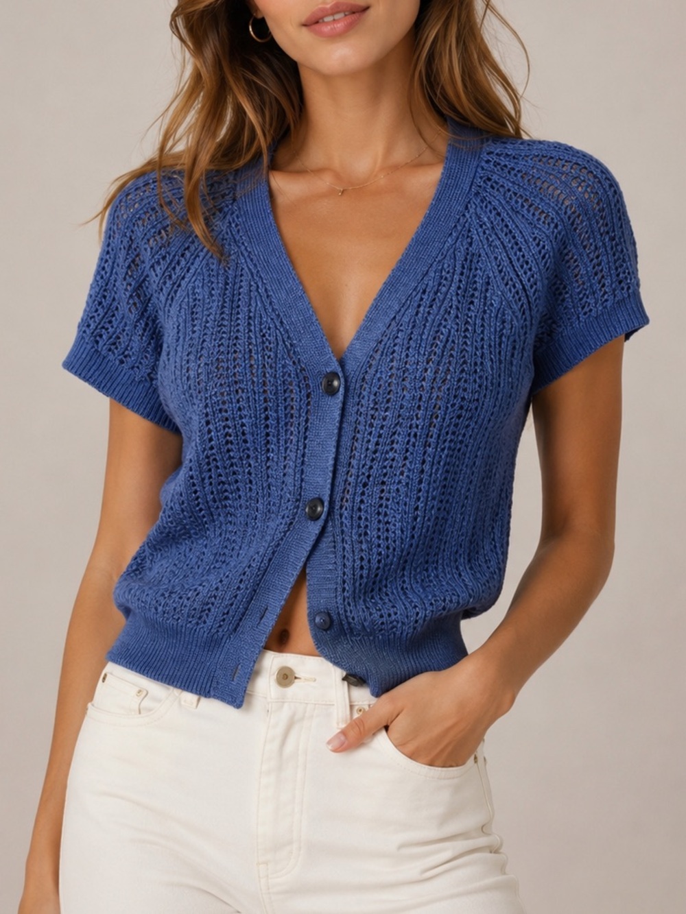 Lafayette 148 New York 100% Hemp Open Knit Cardigan Size M Blue Summer